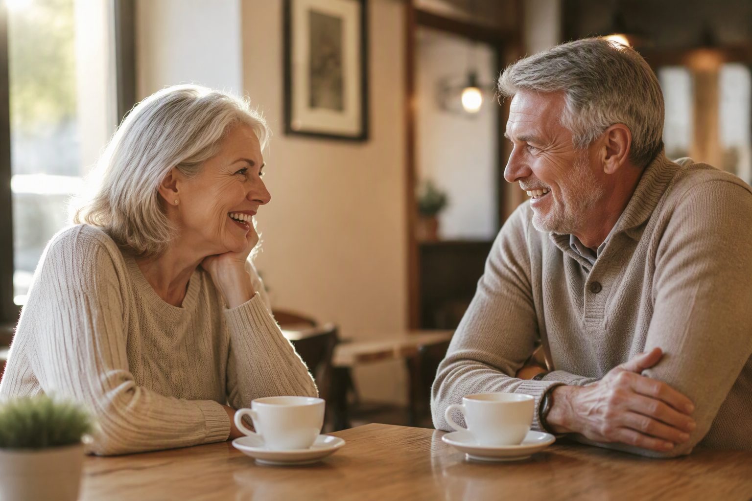 A smiling couple in their sixties talking over coffee at a warm café