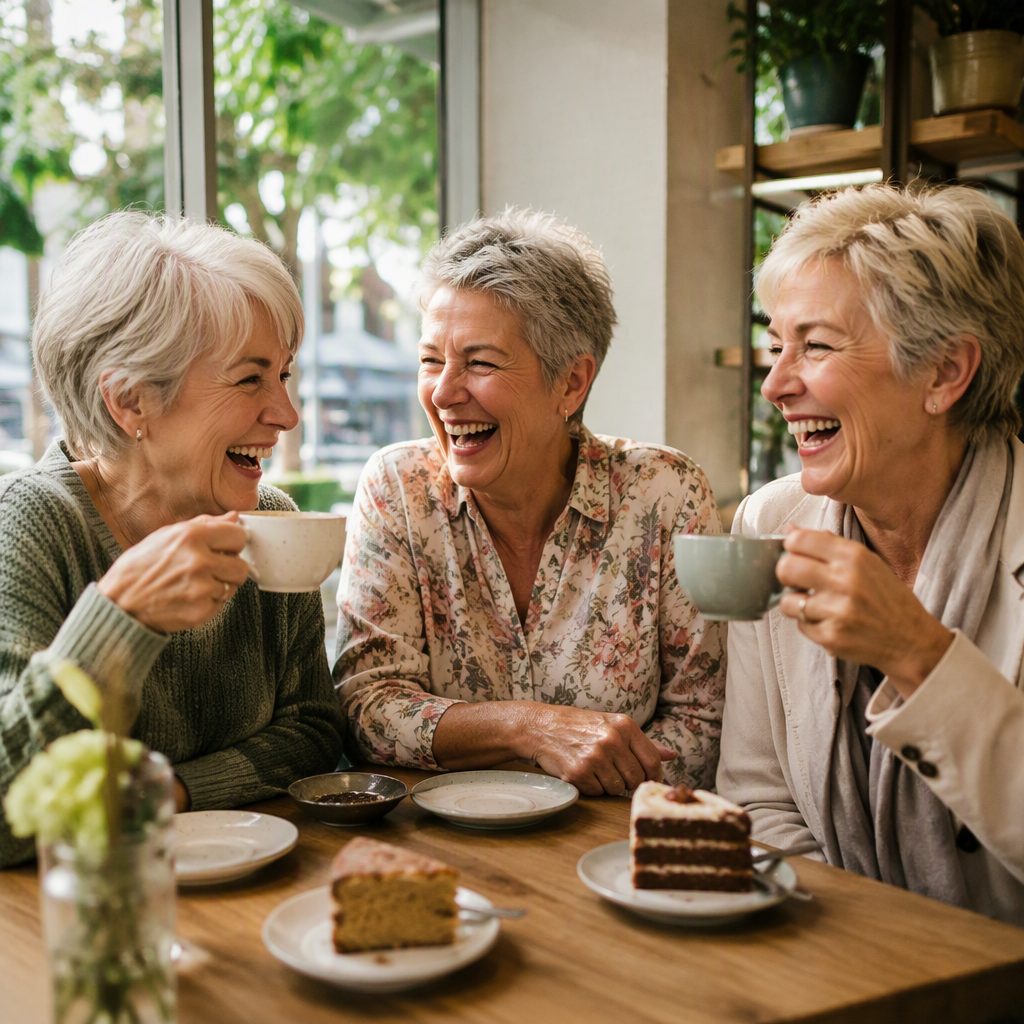 Three friends in their sixties laughing over coffee