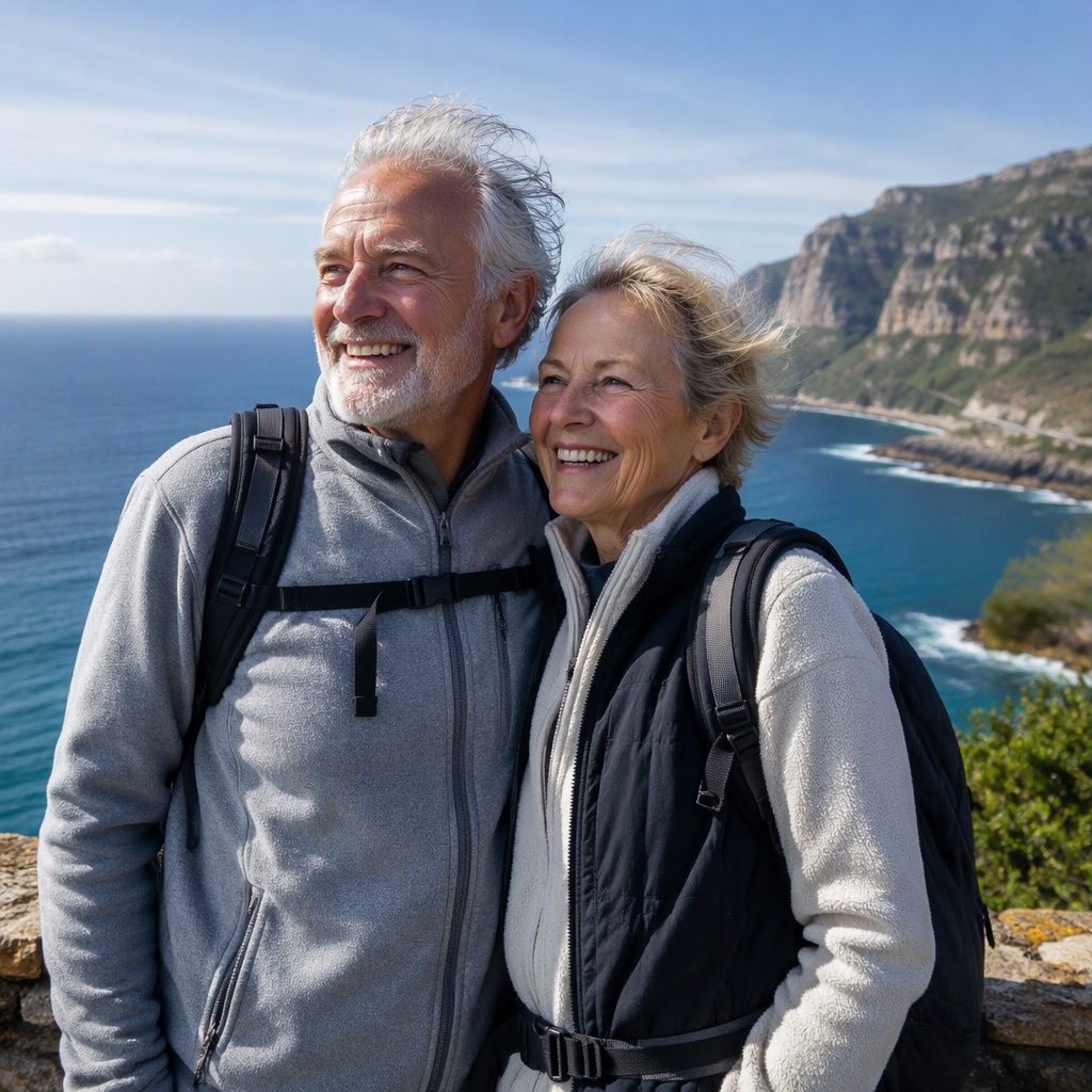 A couple in their sixties at a windy coastal viewpoint while travelling