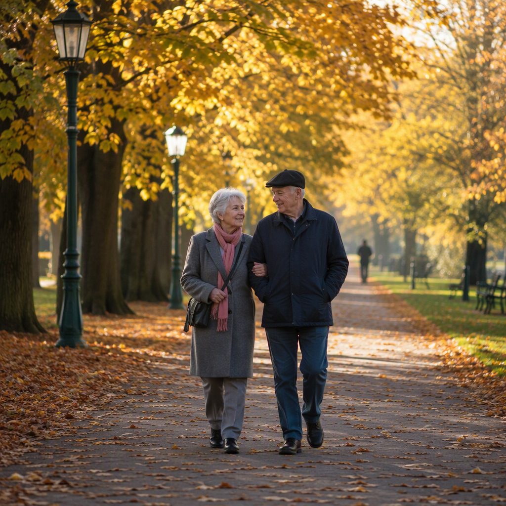 A couple in their late sixties walking arm in arm through an autumn park
